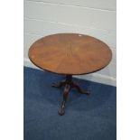 A LATE 19TH/EARLY 20TH CENTURY CHERRYWOOD, PARQUETRY STRUNG AND STAR INLAID TRIPOD TABLE, on a