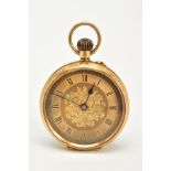 A LADIES 18CT GOLD OPEN FACED POCKET WATCH, the yellow metal watch designed with a floral engraved