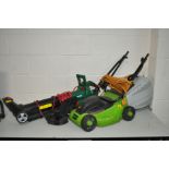 A CHALLENGE CSB04 ELECTRIC LAWN MOWER with grass box and a Qualcast GBV300A1 garden blower (both PAT
