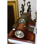 THREE GERMAN MANTEL CLOCKS, two with Westminster chimes, one of metal form, all have pendulums but