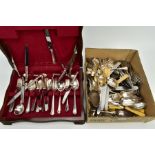 A CANTEEN OF CUTLERY AND A BOX OF VARIOUS CUTLERY PIECES, the dark wooden case contains a near