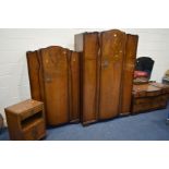 AN EARLY TO MID 20TH CENTURY WALNUT VENEER THREE PIECE BEDROOM SUITE, comprising a dressing table