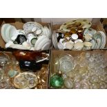 FOUR BOXES CERAMICS, GLASS, etc, to include two ornamental shire horses, Duchess 'Winchester'