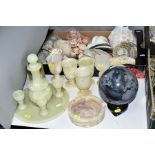 A BOX OF LARGE SEASHELLS, smaller seashells, fossil, green onyx liqueur set, four white onyx