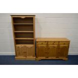 A MODERN PINE SIDEBOARD with three drawers, width 135cm x depth 45cm x height 89cm together with a