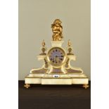 A LATE 19TH CENTURY WHITE ONYX, GILT METAL AND BLUE ENAMEL FIGURAL MANTEL CLOCK, the case surmounted