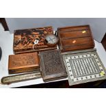 FOUR VARIOUS 19TH AND EARLY 20TH CENTURY BOXES, a cased thermometer, etc, including a rectangular