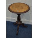 A LATE VICTORIAN BURR WALNUT, WALNUT AND MARQUETRY INLAID CIRCULAR TILT TOP TRIPOD TABLE, on a