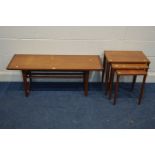 A MID 20TH CENTURY TEAK COFFEE TABLE, together with a teak nest of three tables with cylindrical