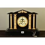 A LATE 19TH CENTURY ANSONIA BLACK SLATE MANTEL CLOCK OF ARCHITECTURAL FORM WITH GILT METAL