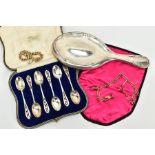 A SELECTION OF ITEMS, to include a cased set of six Geo V teaspoons, each with an openwork floral