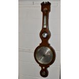 AN EARLY 19TH CENTURY ROSEWOOD WHEEL BAROMETER, broken architectural pediment with brass urn finial,