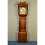 A GEORGE III OAK AND MAHOGANY BANDED LONGCASE CLOCK, broken swan neck pediment, turned columns