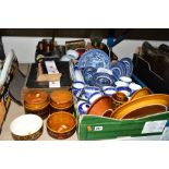 TWO BOXES AND LOOSE CERAMICS AND SUNDRIES ETC, to include blue and white Willow pattern by Burleigh,
