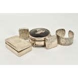 A SELECTION OF ITEMS, to include a silver and tortoiseshell trinket box of circular design, with