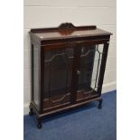 A MAHOGANY TWO DOOR GLAZED CHINA CABINET, on ball and claw feet, with two glass shelves, width