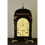 A GEORGE III AND LATER EBONISED AND GILT METAL MUSICAL STRIKING AND QUARTER CHIMING BRACKET CLOCK,