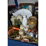 TWO BOXES OF STONEWARE, METALWARES, CERAMICS etc, including two brass saucepans, oval meat plates,