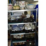 EIGHT BOXES AND LOOSE CERAMICS AND GLASSWARE, ASSORTED PRINTS, METALWARES ETC, including table lamp,