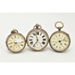 TWO OPEN FACED POCKET WATCHES, A SILVER CASE AND MOVEMENT, the first with a cream dial, Roman