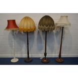 FOUR VARIOUS STANDARD LAMPS of various ages and styles, with fabric shades