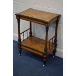 A MID TO LATE 19TH CENTURY AESTHETIC MOVEMENT BURR WALNUT, AMBONYA, STRUNG AND EBONISED TWO TIER