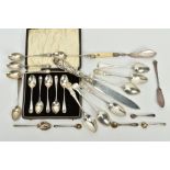 A SELECTION OF SILVER CUTLERY, to include an incomplete cased set of five Georgian rat tail