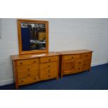A VARNISHED PINE DRESSING CHEST WITH MIRROR TO TOP, (missing screws)with a double concave front