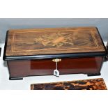 A LATE 19TH CENTURY ROSEWOOD, INLAID, EBONISED AND SIMULATED ROSEWOOD SWISS CYLINDER MUSIC BOX,