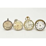 TWO SILVER OPEN FACED POCKET WATCHES AND ONE OTHER, the first with a white dial, Roman numerals,