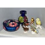 A SMALL GROUP OF CERAMICS, to include two pieces of Moorcroft Pottery, a bulbous vase, purple
