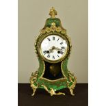 A LATE 19TH CENTURY FRENCH GREEN BOULLE WORK CLOCK, gilt metal mounts, vase of flowers finial, white