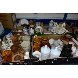FOUR BOXES OF ASSORTED CERAMICS, TREEN, GLASS AND METALWARES, ETC, including a brass three drawer