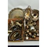 TWO BOXES OF METALWARE, to include pieces such as a large white metal double handled foliate