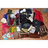 TWO BOXES OF VARIOUS HANDBAGS, scarves, purses etc, to include leather, snakeskin, etc