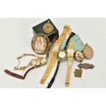 A SELECTION OF ITEMS, to include five ladies wristwatches such as a 9ct gold cased watch, silver