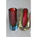 A MURANO HEXAGONAL DOUBLE CASED GLASS VASE, blue over yellow and red, height 15cm, together with a