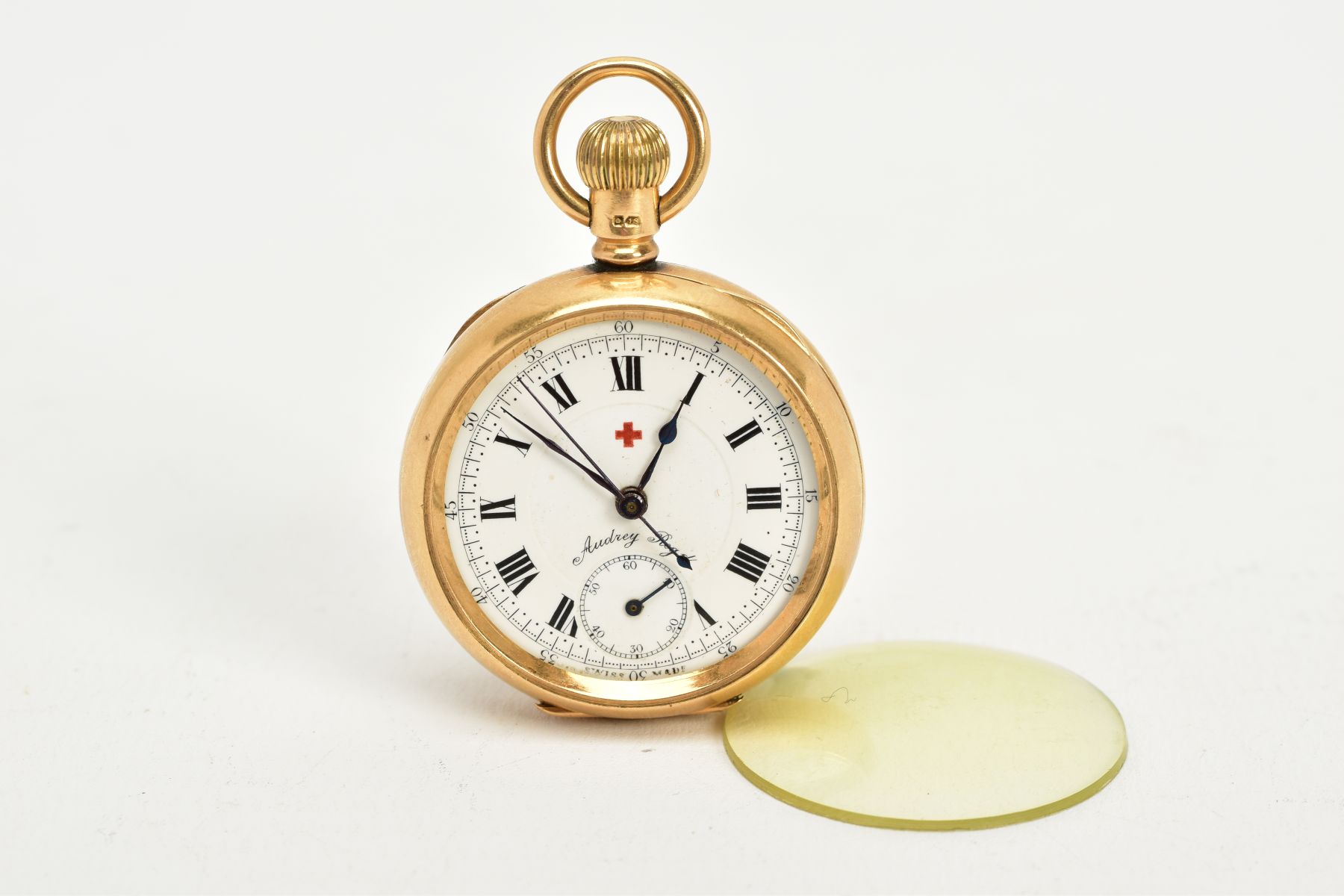 AN 18CT GOLD RED CROSS OPEN FACED POCKET WATCH, white enamel dial signed 'Audrey Reg', Roman - Image 2 of 7