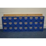 A VINTAGE PAINTED BANK OF TWENTY FOUR DRAWERS, width 137cm x depth 26cm x height 53cm