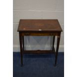 AN EDWARDIAN ROSEWOOD MARQUETRY INLAID SIDE TABLE, with a single drawer, width 64cm x depth 40cm x