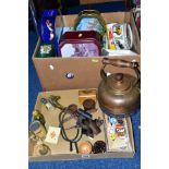 TWO BOXES OF TINS, BADGES, STIRRUPS, ETC, including a mauchline ware box printed with 'The Parade,