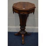 A VICTORIAN ROSEWOOD OCTAGONAL TRUMPET SEWING BOX, with fitted interior including accessories,