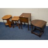 A GEORGIAN SPINNING DROP LEAF OCCASIONAL TABLE, together with an oak sewing box on stand with