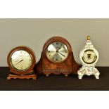THREE 20TH CENTURY MANTEL CLOCKS, comprising a Dresden porcelain floral encrusted Jerger balloon