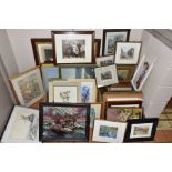 THREE BOXES AND LOOSE PAINTINGS AND PRINTS, to include 'The Shop, Overy Staithe', a study of the