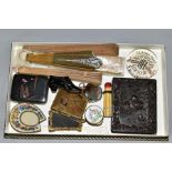 A TRAY OF COLLECTABLES INCLUDING a 19th century papier mache shoe vesta case, striker to the