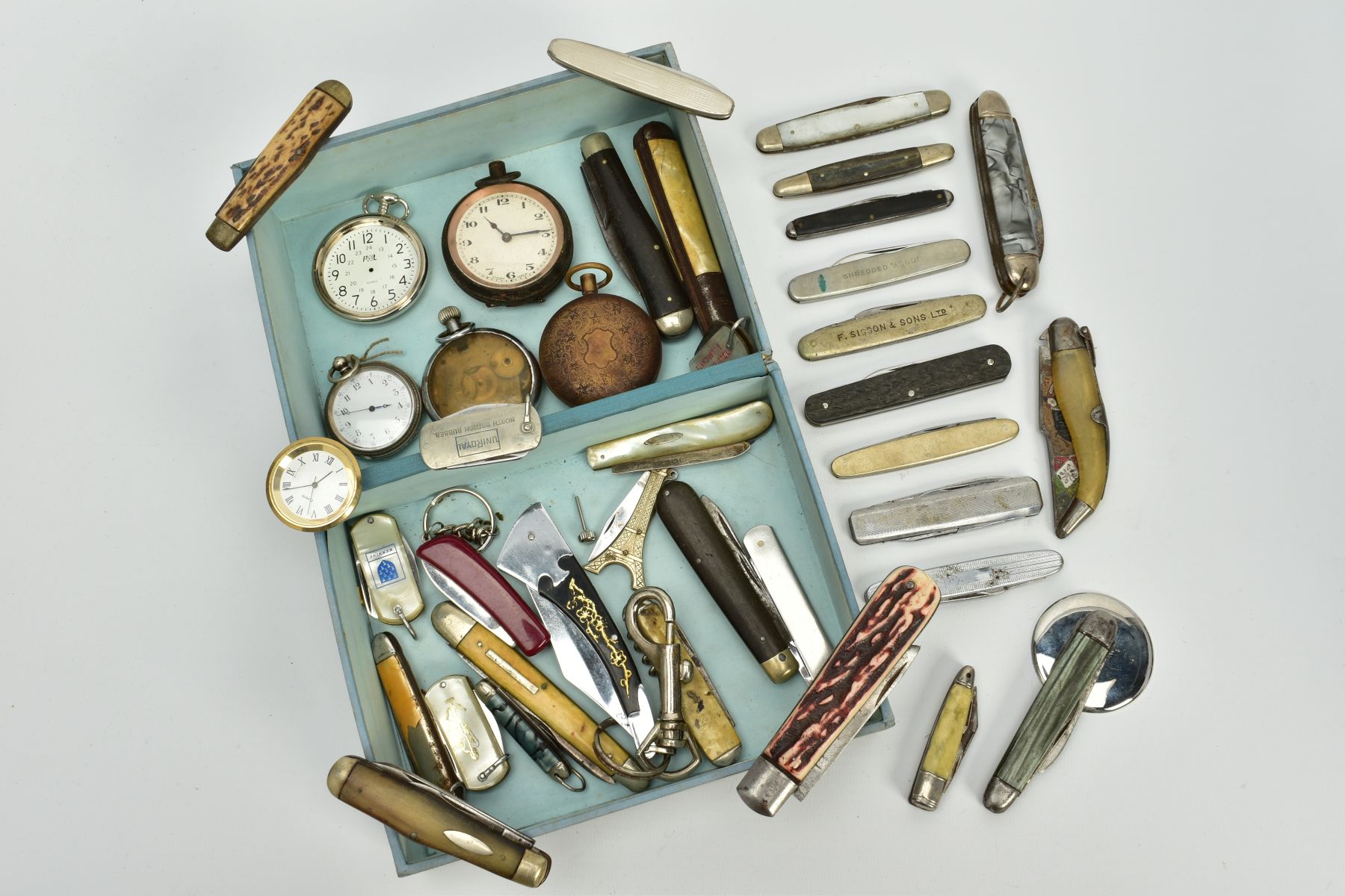 A BOX OF POCKET WATCHES AND FRUIT KNIVES, to include a small open faced pocket watch, white dial,