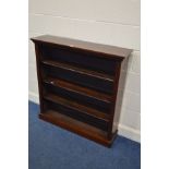 A VICTORIAN MAHOGANY OPEN BOOKCASE with three adjustable shelves, width 107cm x depth 27cm x