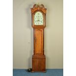 A GEORGE III OAK LONGCASE CLOCK WITH MAHOGANY AND WALNUT BANDING, broken swan neck pediment with