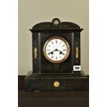 A LATE VICTORIAN BLACK SLATE ARCHITECTURAL MANTEL CLOCK WITH INSET MARBLE AND GILT INCISED